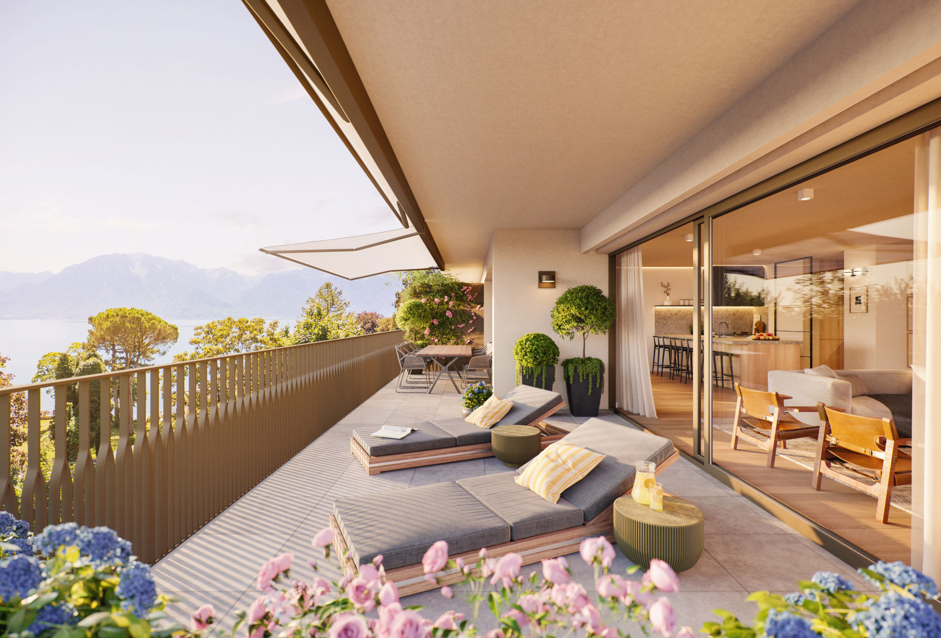 Appartement à vendre à la Tour-de-Peilz, balcon avec vue sur le Léman et les Alpes